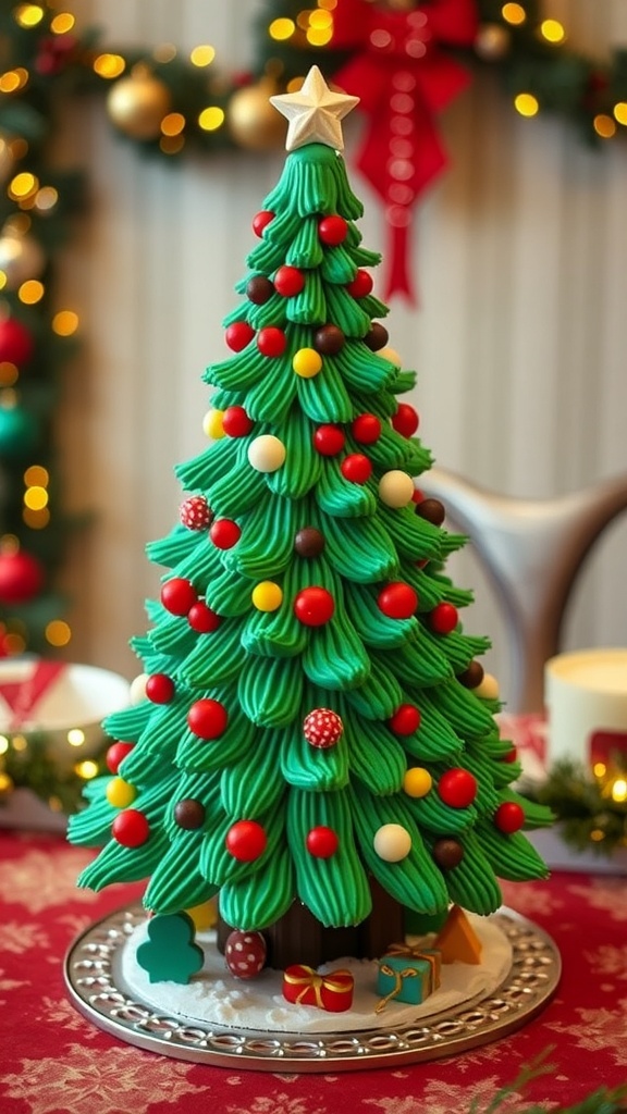 Emerald Green Christmas Tree Recipe Emerald green Christmas tree made of frosting and candies, decorated with ornaments and a star on top.